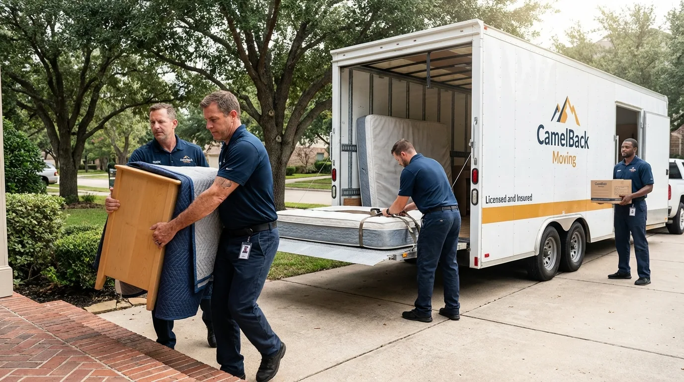 Crew loading residential truck for cross-state move from Parker, AZ