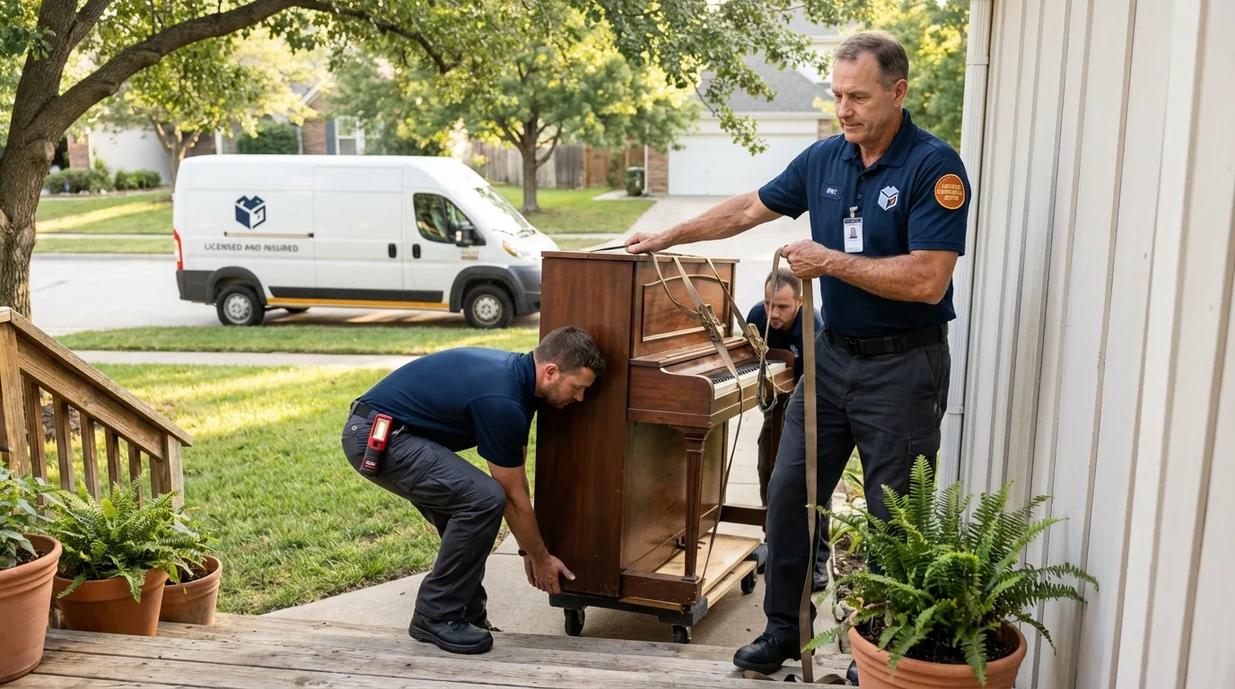 Licensed piano movers securing grand piano in Parker, AZ