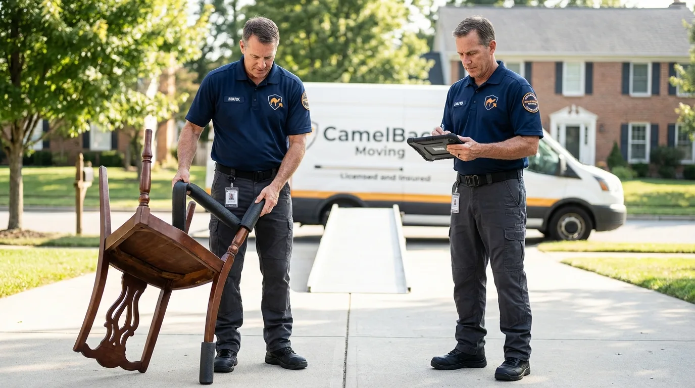 Movers inspecting furniture for damage prevention before loading in Parker, AZ