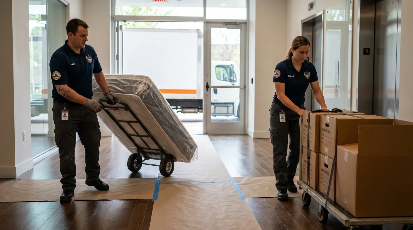 Professional apartment movers loading elevator in Parker, AZ