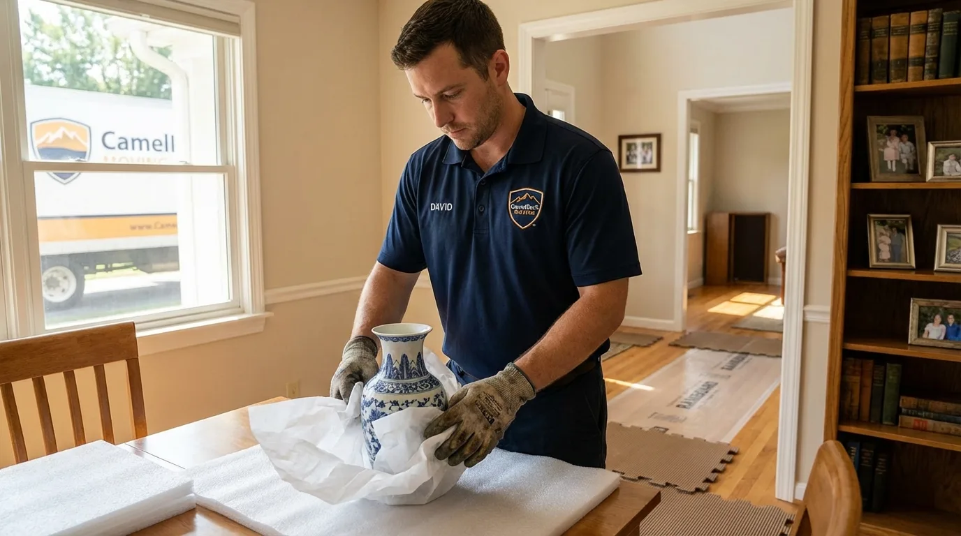 Professional crew carefully wrapping antique vase for senior downsizing move in Parker, AZ